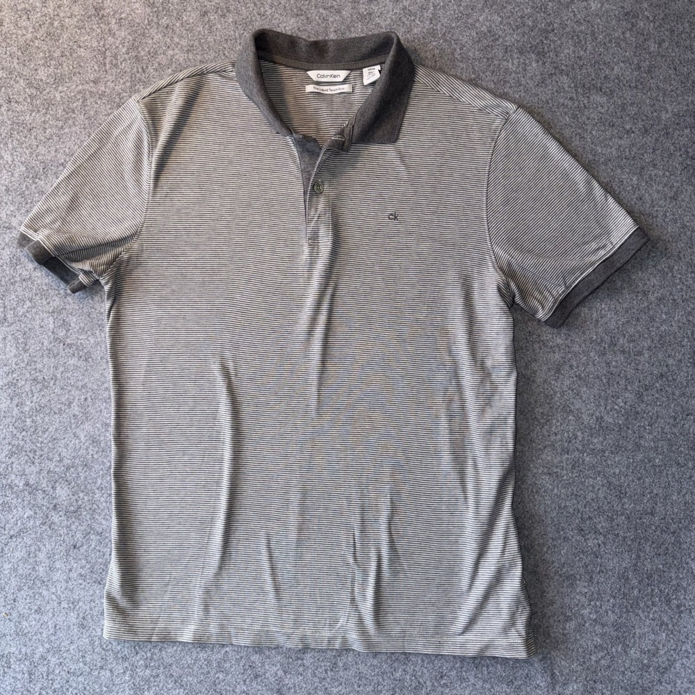 Calvin Klein Liquid Touch Polo Small Gray Striped 100% Cotton Short Sleeve
